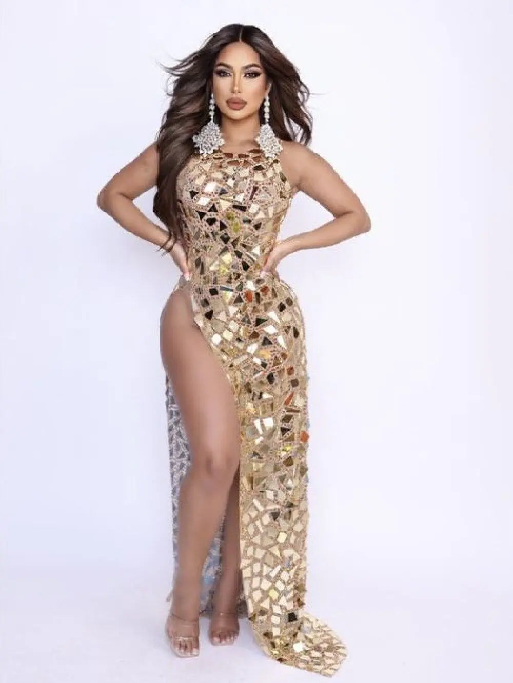 Flashing Mirror Rhinestone Silver Gold Long Split Prom Dress Celebrity Evening Party Birthday Gown Female Singer Stage Show Wear