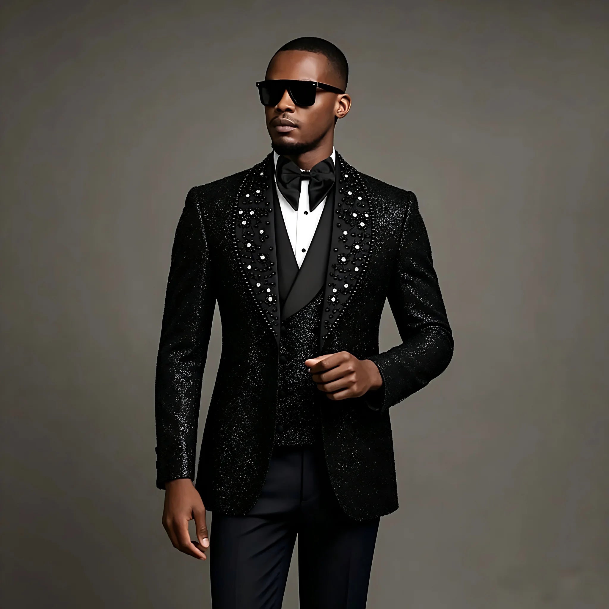 Shiny Black Men Suits 3 Pieces Business Blazer Vest Pants Beads Wedding Groom Prom Wear Party Formal Customized