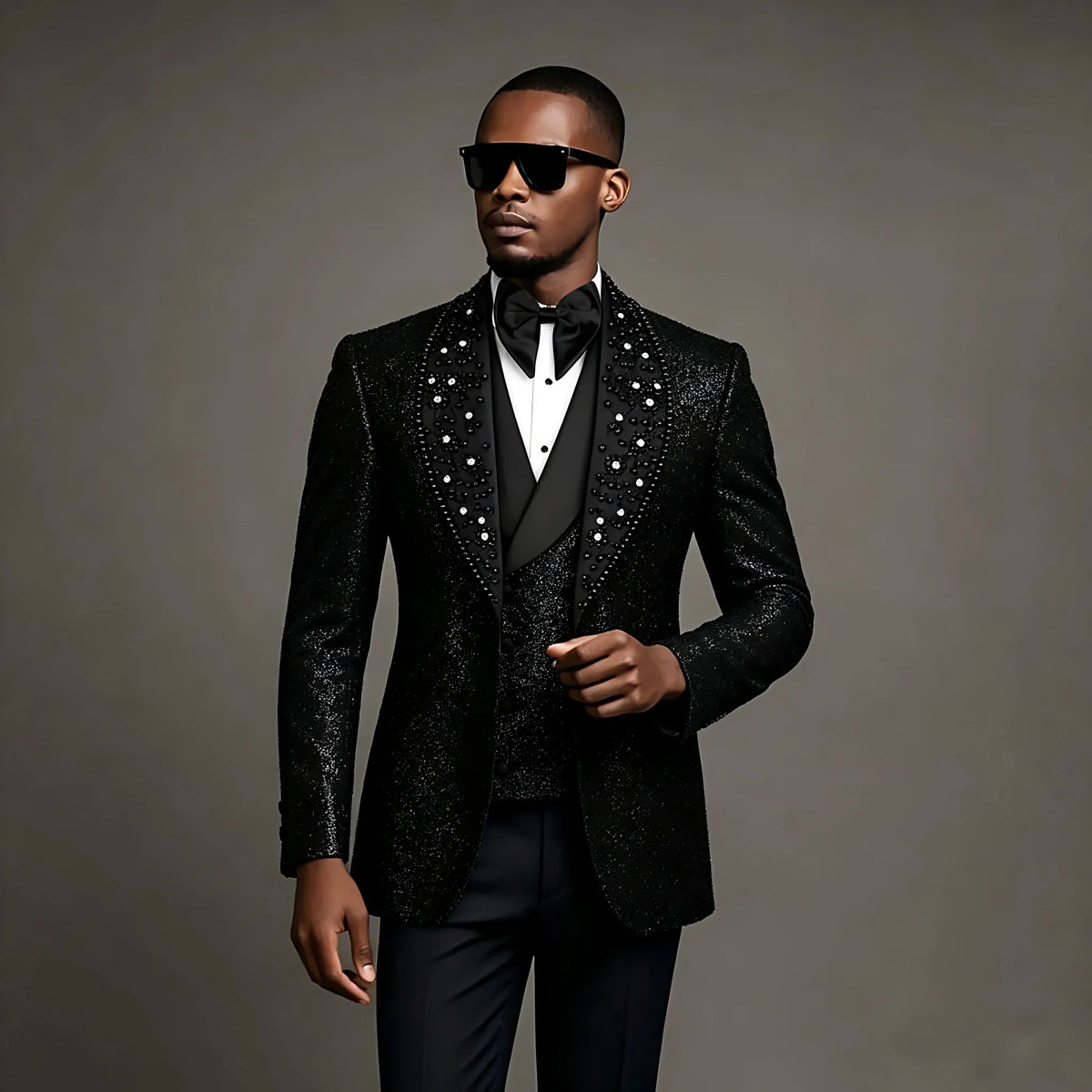 Shiny Black Men Suits 3 Pieces Business Blazer Vest Pants Beads Wedding Groom Prom Wear Party Formal Customized