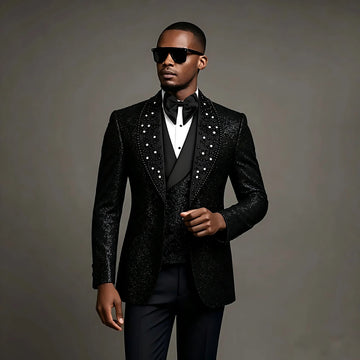 Shiny Black Men Suits 3 Pieces Business Blazer Vest Pants Beads Wedding Groom Prom Wear Party Formal Customized