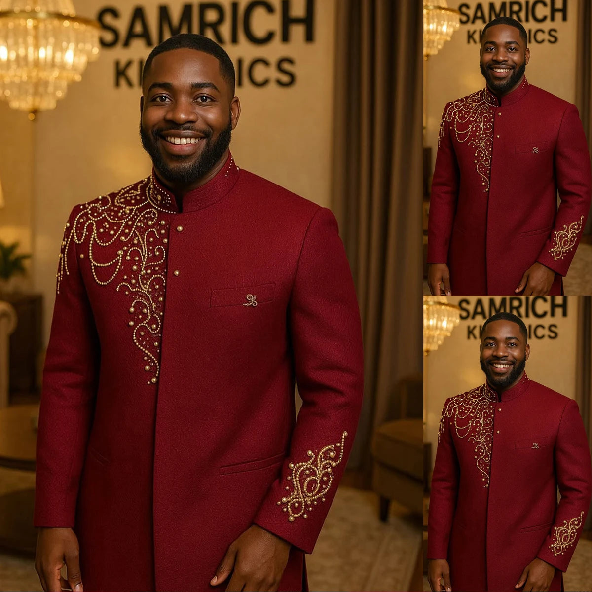 Muslim Men Suits Tailor-Made Pearls Beaded Stand Lapel Jacket Blazer Single Breasted Groom Customized Coat Pants