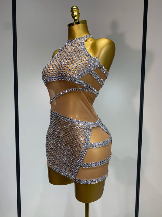 Mini robe à strass scintillants pour femme, tenue sexy en maille transparente pour fête, anniversaire, séance photo, spectacle, scène