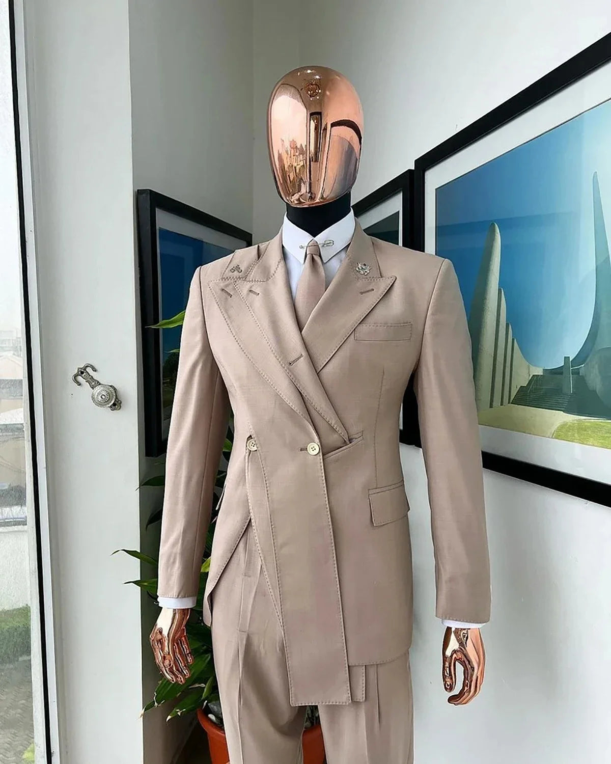 Men Suits Tailor-Made 2 Pieces Set Coat Unique Peaked Lapel Groom Blazer Evening Party Customized Jacket Black Pants