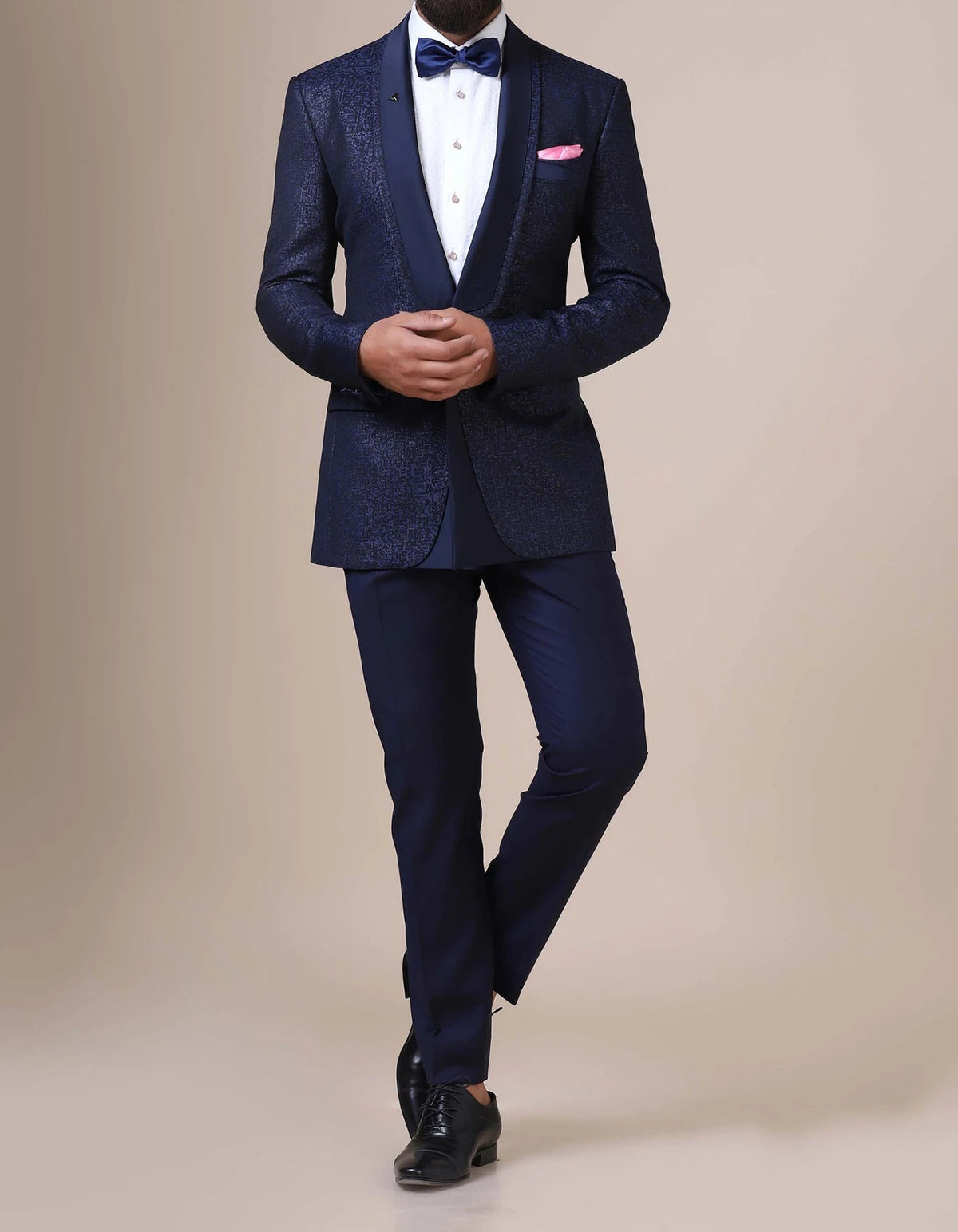 Costumes pour hommes sur mesure épissés 2 pièces bleu marine jacquard blazer pantalon un bouton satin transparent revers affaires mariage marié sur mesure