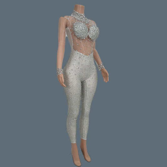 Sexy Sparkly Crystal See Through Mesh Sleeved Jumpsuit Party Celebrate Spandex Leggings Women Dance Photograph Wear