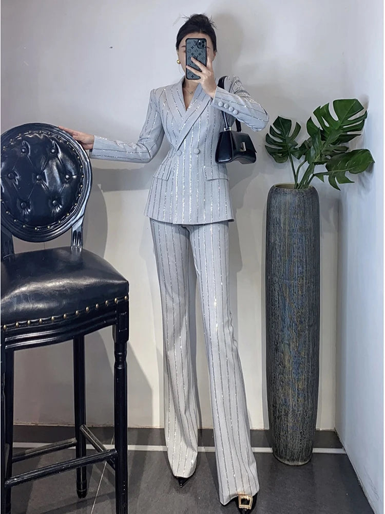 High-End Grijze Zware Lndustrie Hot Boorpak VrouwenElegante DubbeleRij Knopen Jas Wijde Pijpen Broek Trajes Elegantes Para Mujer