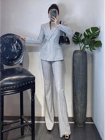 High-End Grijze Zware Lndustrie Hot Boorpak VrouwenElegante DubbeleRij Knopen Jas Wijde Pijpen Broek Trajes Elegantes Para Mujer