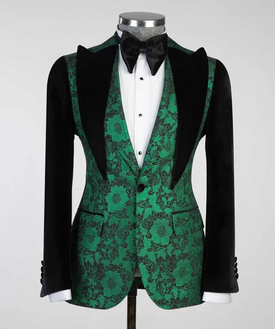Unique Men Suits Peaked Lapel Gorgeous Blazer Jacquard Lace 2 Pieces Set Tuxedo Coat One Button Customized Jacket Black Pants