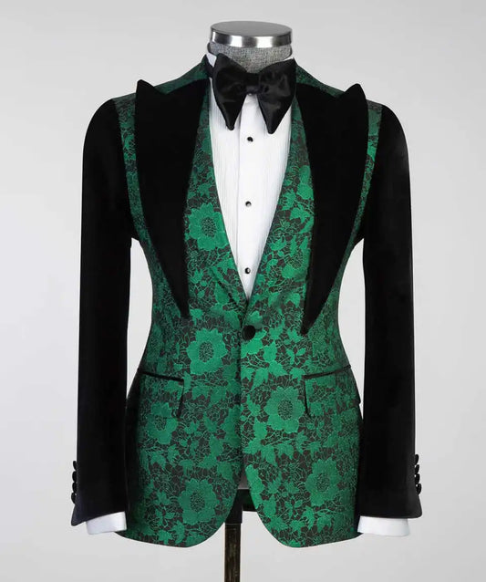 Unique Men Suits Peaked Lapel Gorgeous Blazer Jacquard Lace 2 Pieces Set Tuxedo Coat One Button Customized Jacket Black Pants
