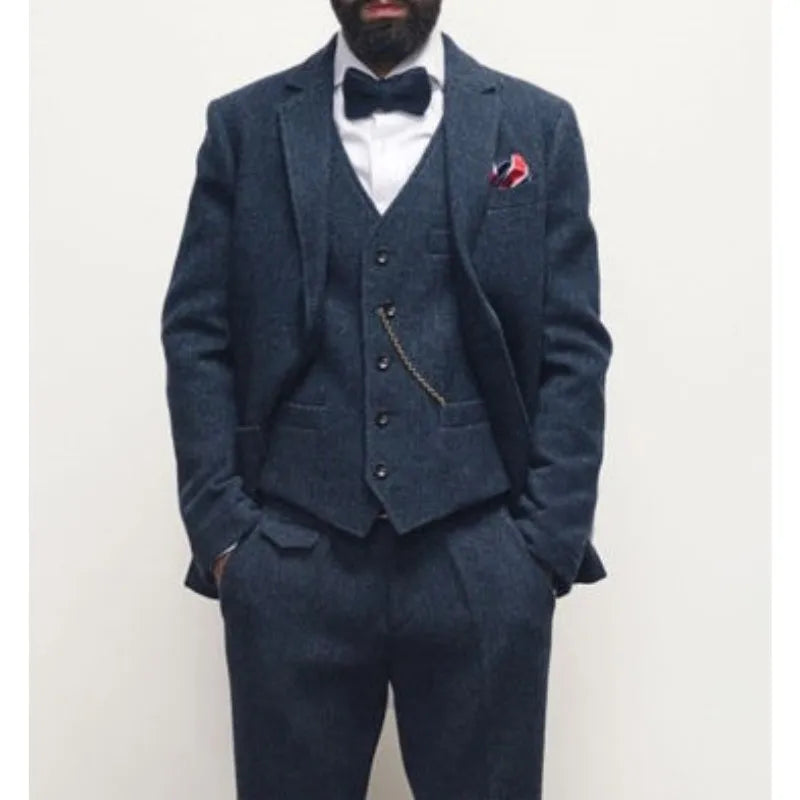 (Jacket+Vest+Pants) Smoking Winter Men's Suits Groom Wedding Dress Herringbone Pattern Tweed Slim Fit Fashion Blazer Men Clothin