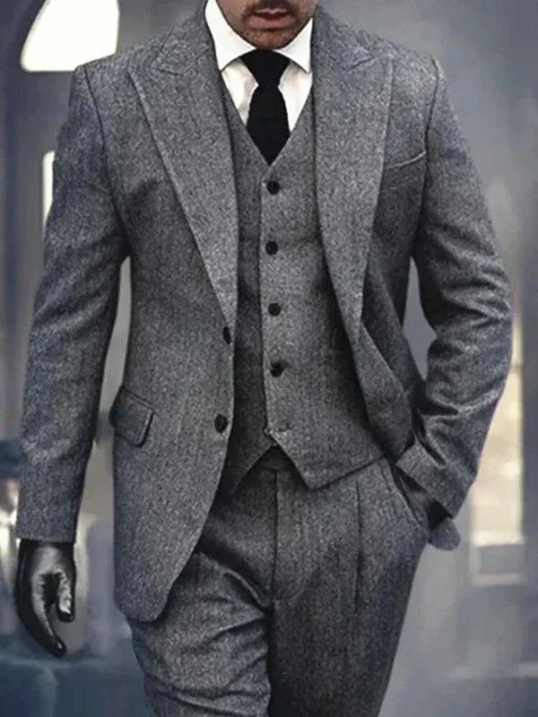 Costume 3 pièces gris à chevrons pour homme, coupe slim, revers en pointe, smoking de bal en tweed pour garçons d'honneur (blazer, gilet, pantalon)