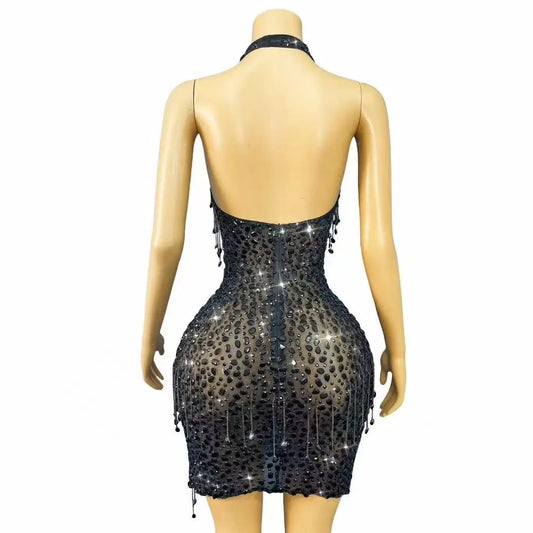 Luxurious Birthday Celebrate Black Crystals Halter Dress Chains Transparent Rhinestones Fringes Birthday Photoshoot Stage Wear