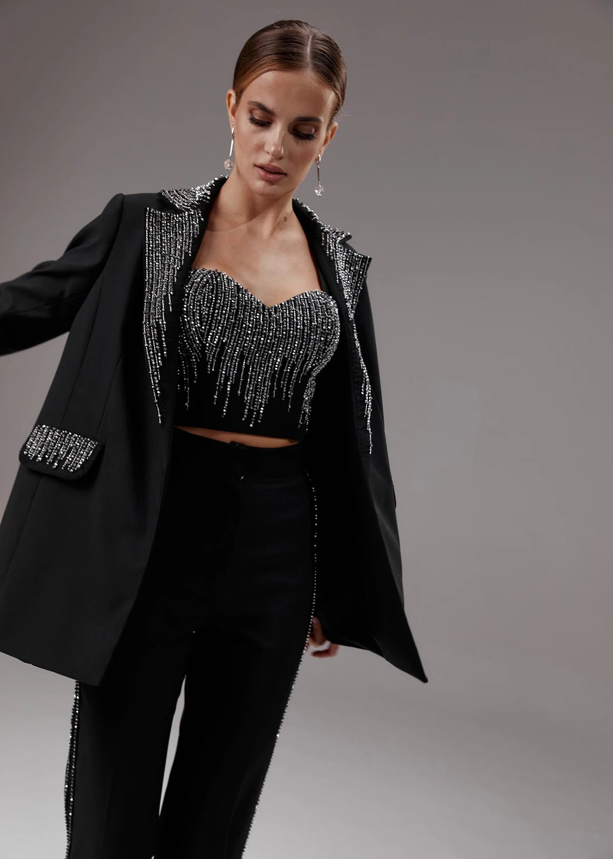 Ensemble 3 pièces blazer slim noir à paillettes pour femme, veste sur mesure pour soirée, bal, mariage