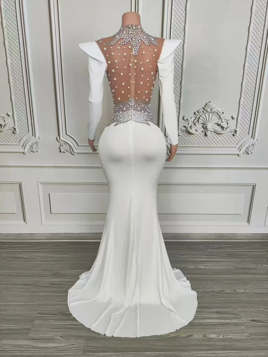 Sparkly Rhinestones Pearls Floor Length Dress Women Sexy Stage Mesh Evening CLub Prom Wedding Celebrate Birthday Photoshoot Wear