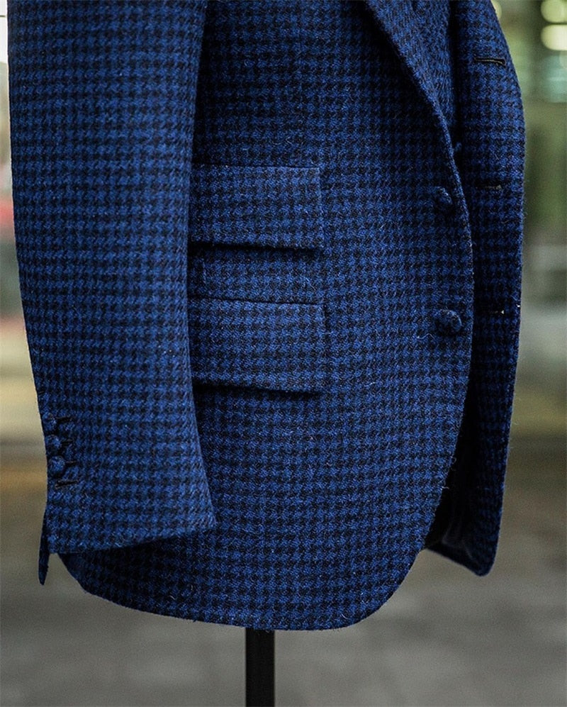 Conjunto de traje azul para hombre, 3 piezas, a medida, de lana de invierno, blazer, chaleco y pantalones, para boda, graduación, esmoquin y chaqueta. 