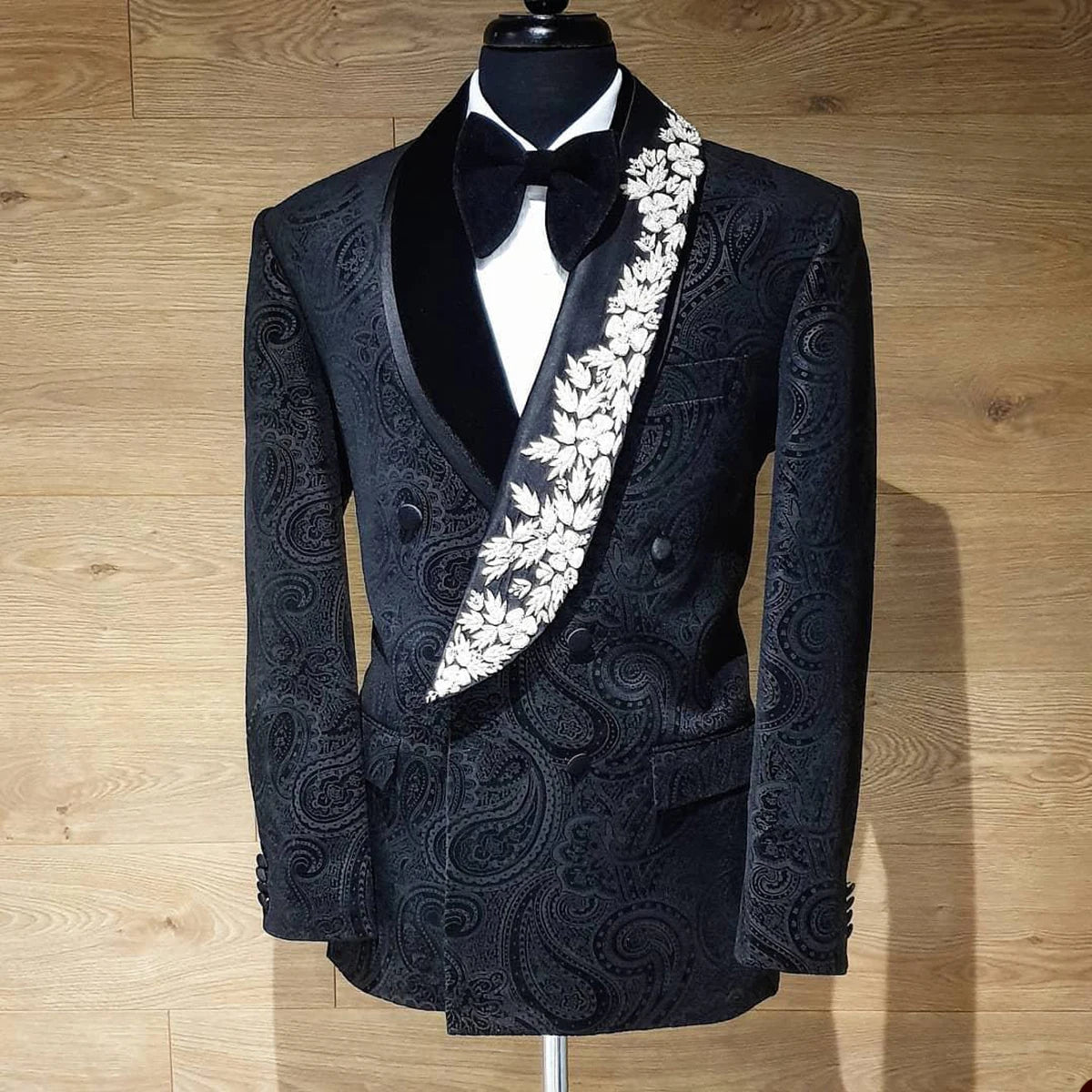 Tailor Floral Pattern Men Suits for Wedding Groom Tuxedos Blazer Coat Black Pants Fit Prom Costume Homme 2 Pieces