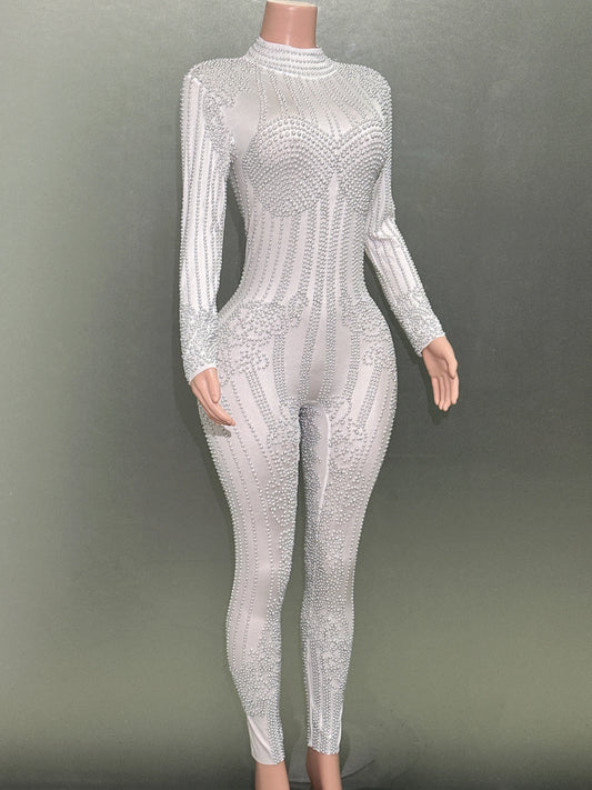 White Pearls Stretch Jumpsuit Evening Party Nightclub Bar Female Singer Dancer Performasnce Costume Celebrate Stage Wear