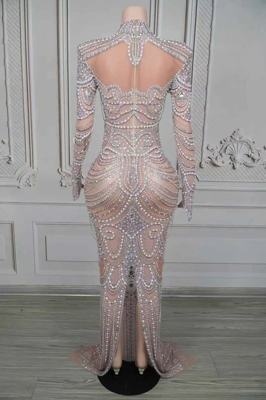 Elegant Crystals Pearls Long Dress Women Sexy SeeThrough Mesh Evening Dress Birthday Celebrate Wedding Photoshoot Stage Wear