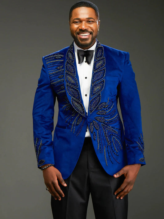 Fashion Men's Suit Shawl Lapel Tailor-Made 2 Pieces Set Beading Jacket Sequins Blazer One Button Groom Customized Coat Pants