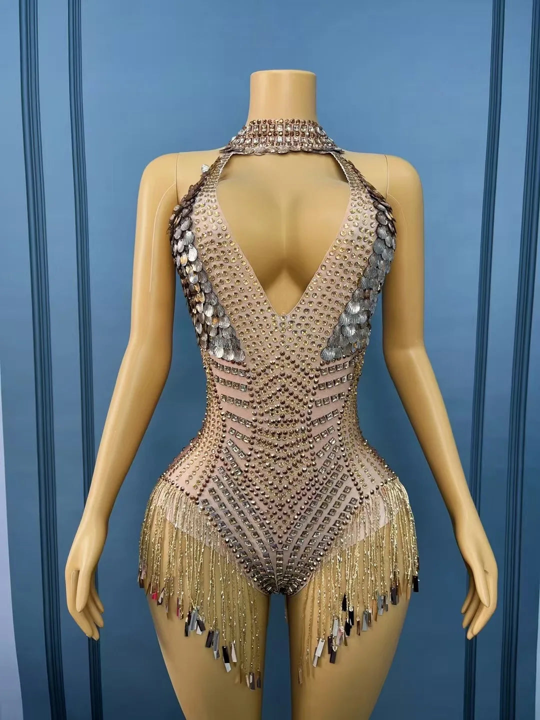 Sparkly Rhinestones Chain Sequins Tight Bodysuit Women Sexy Halter Backless Luxury Performance Dance Costume Club Stage Wear