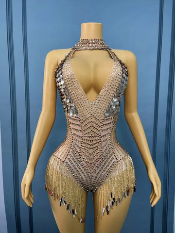 Sparkly Rhinestones Chain Sequins Tight Bodysuit Women Sexy Halter Backless Luxury Performance Dance Costume Club Stage Wear