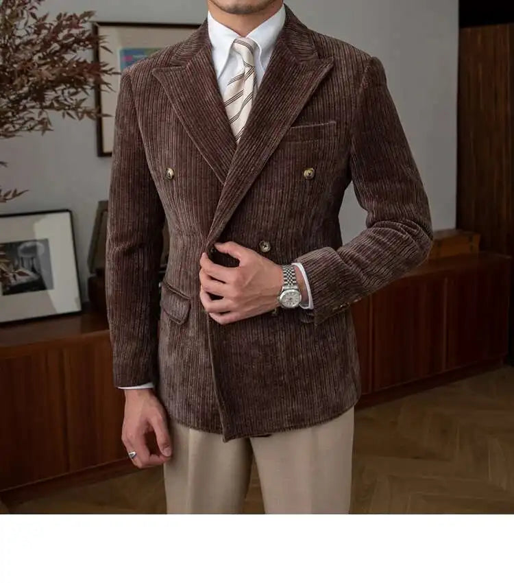 AutumnCasual Striped Jacket Men Blazer Masculino Blazer Hombre Italian Style Double Breasted Blazer Men Lapel Colla Blazer Homme