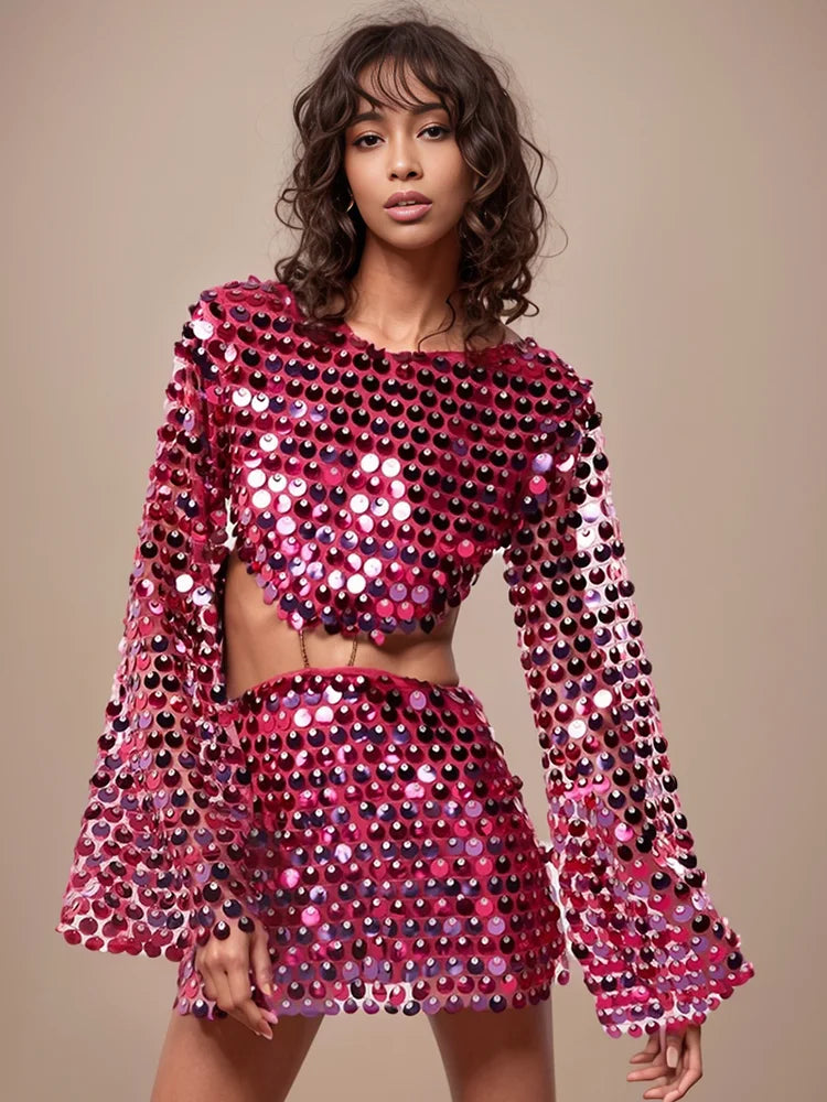 Fashion Trendy Women's Hollow Out Sequins Irregular Dress Spring New O-neck Long Sleeves Dresses Female