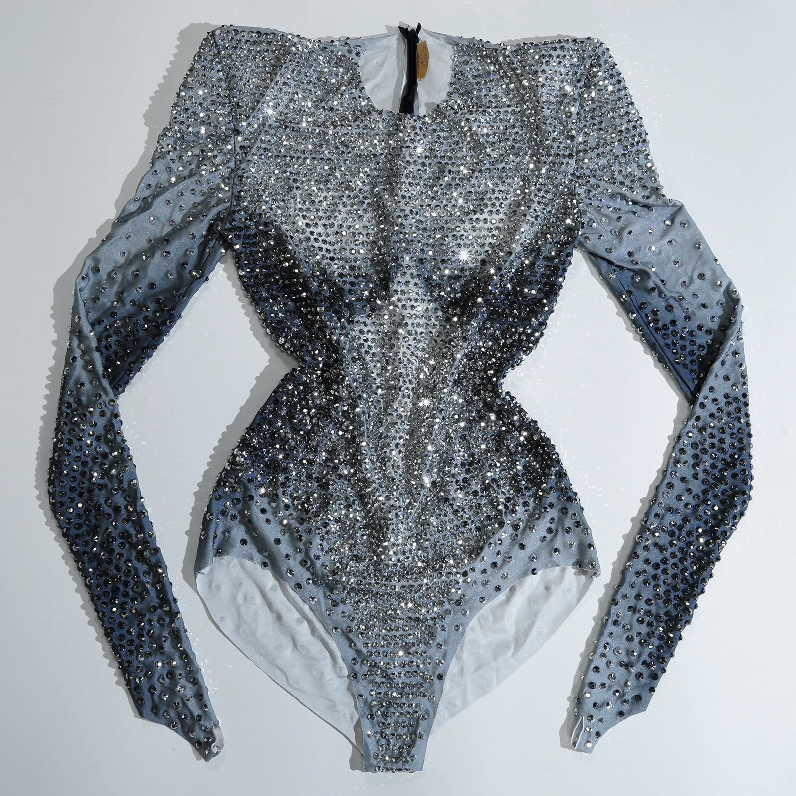 Justaucorps gris luxueux et scintillant avec strass pour fête, anniversaire, bar, discothèque, drag queen, pole dance, scène