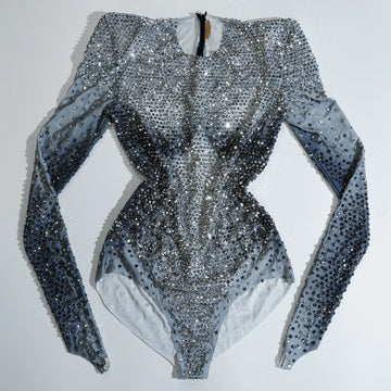 Justaucorps gris luxueux et scintillant avec strass pour fête, anniversaire, bar, discothèque, drag queen, pole dance, scène
