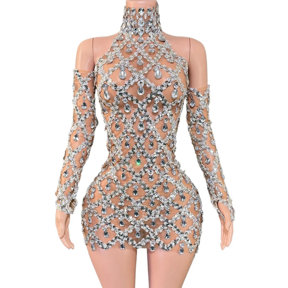 Sparkly Rhinestones Short Dress Gloves for Women Sexy Mesh See Through Evening Prom Party Event Birthday Dress Photo Shoot Wear