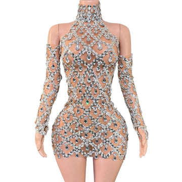 Sparkly Rhinestones Short Dress Gloves for Women Sexy Mesh See Through Evening Prom Party Event Birthday Dress Photo Shoot Wear