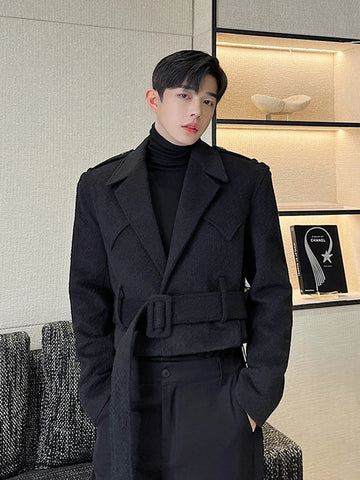 Autumn Winter Short Camel Thick Warm Soft Wool & Blends Jacket Men Belt Luxury Designer Clothes Fashion