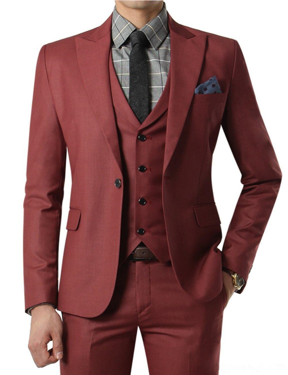 Traje burdeos entallado de un solo pecho para hombre, vestido de novio, frac para boda, esmoquin de novio, 3 piezas, ropa formal de negocios 