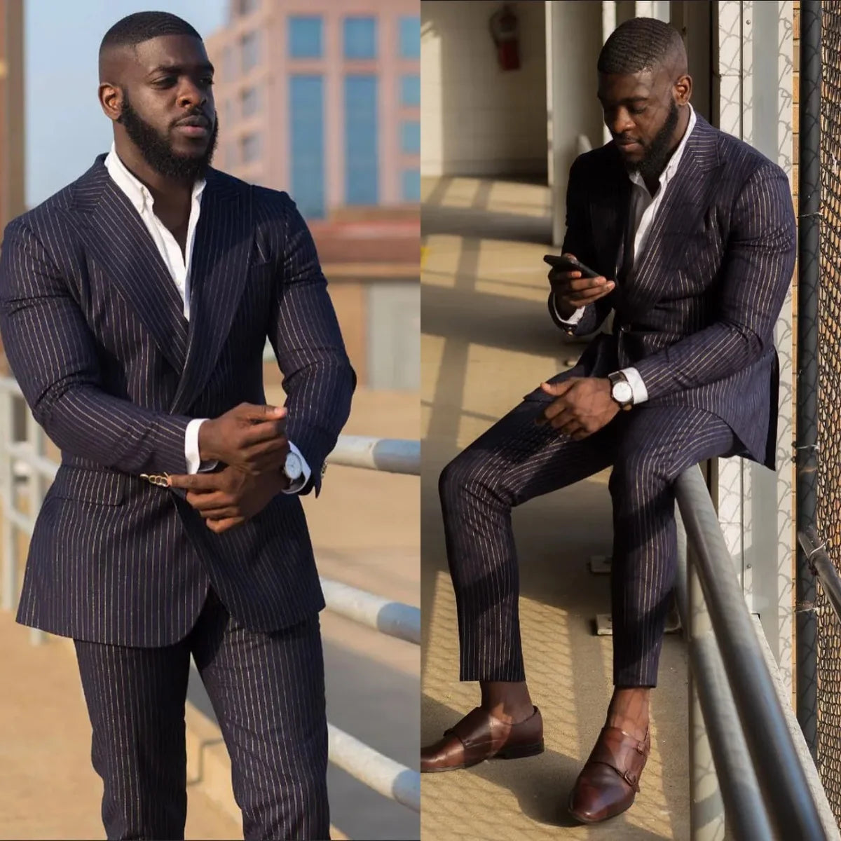 Trim Fit Wedding Tuxedos Pinstripe Peaked Lapel Jacket Pants Groom Suit Casual 2 Pcs One Button Evening Party Outfits Customized