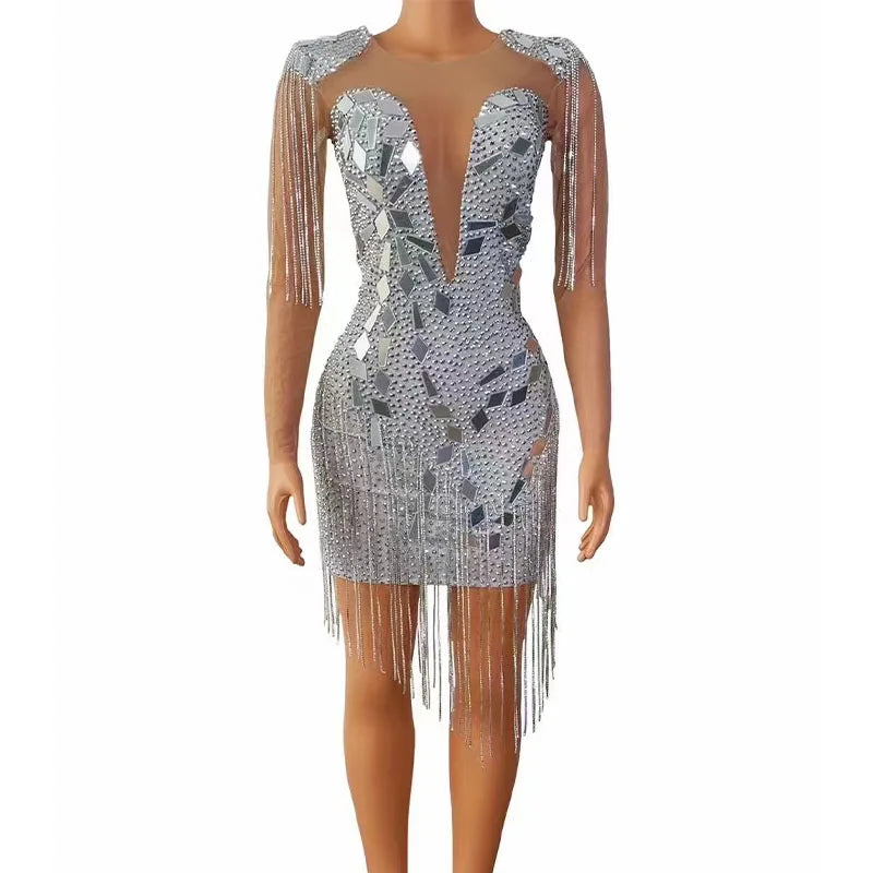 Women Sexy Silver Mirrors Crystals Chains Mesh Dress See Through Birthday Party Celebrate Fringes Costume Nightclub Stage Dress