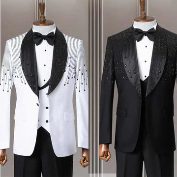 Formal Beaded Wedding Tuxedos 3 Piece Set Jacket Vest Pants Single Breasted Men Suit Trim Fit Fashion Groom Blazers Customized