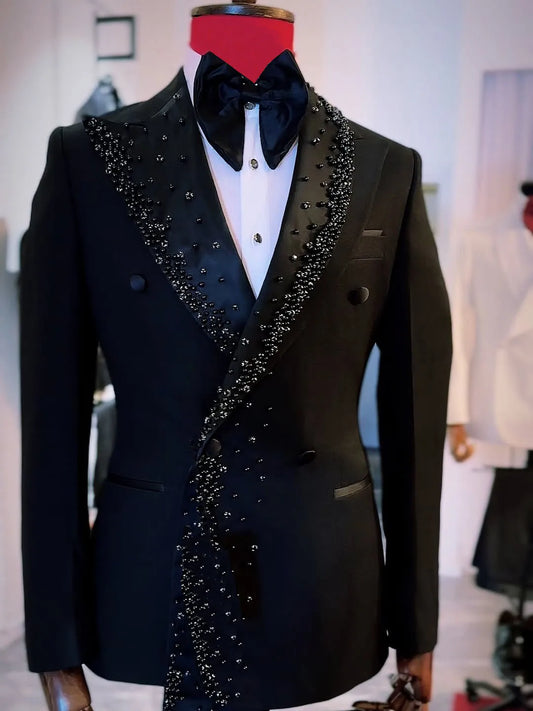 Elegant Men's Suit Peaked Shawl Lapel Tailor-Made 1 Piece Jacket Beading Pearls Blazer Double Breasted Customized Only Coat