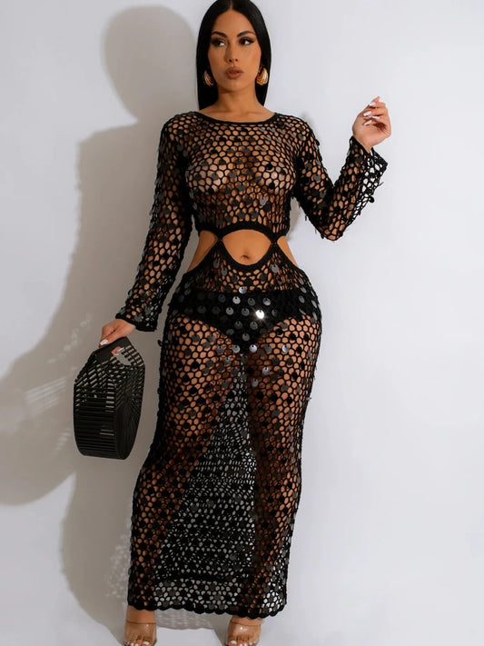 New Chic Mother of Pearl Crochet Cover Up Dress for Women Summer Hollow Out Sequins Beach Dress Vacation Outfits