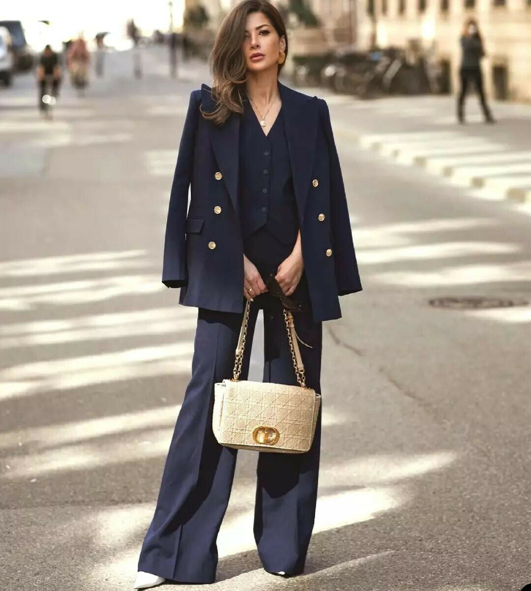 Costume bleu marine 3 pièces pour femme (veste, pantalon, gilet), blazer formel sur mesure, bouton en métal, manteau de bureau 