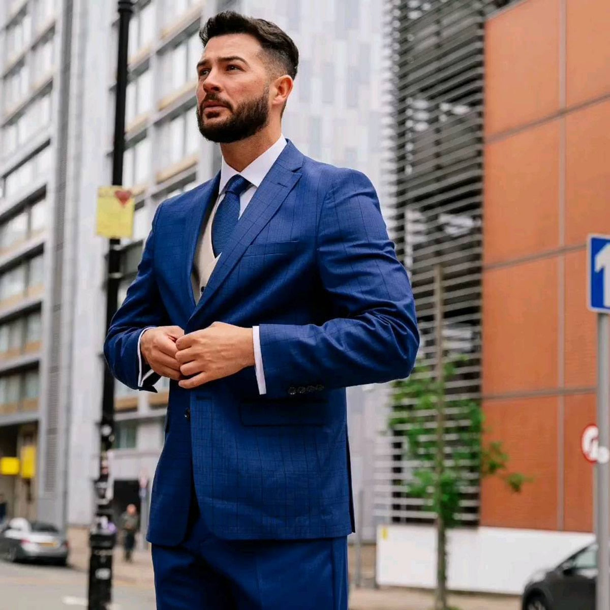 Costume 2 pièces bleu marine pour homme, blazer et pantalon, simple boutonnage, revers en pointe, motif écossais, rayures, costume de marié sur mesure pour homme 
