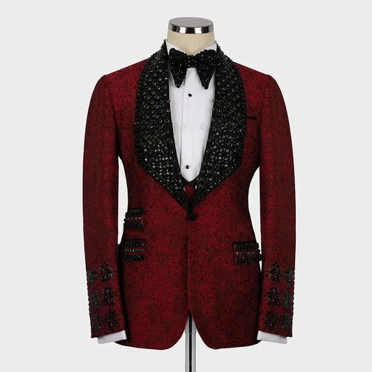 Luxury Men Suits Rhinestone Beads Shawl Lapel Tailor-Made 2 Pieces Set Jacquard One Button Groom Blazer Customized Jacket Pants