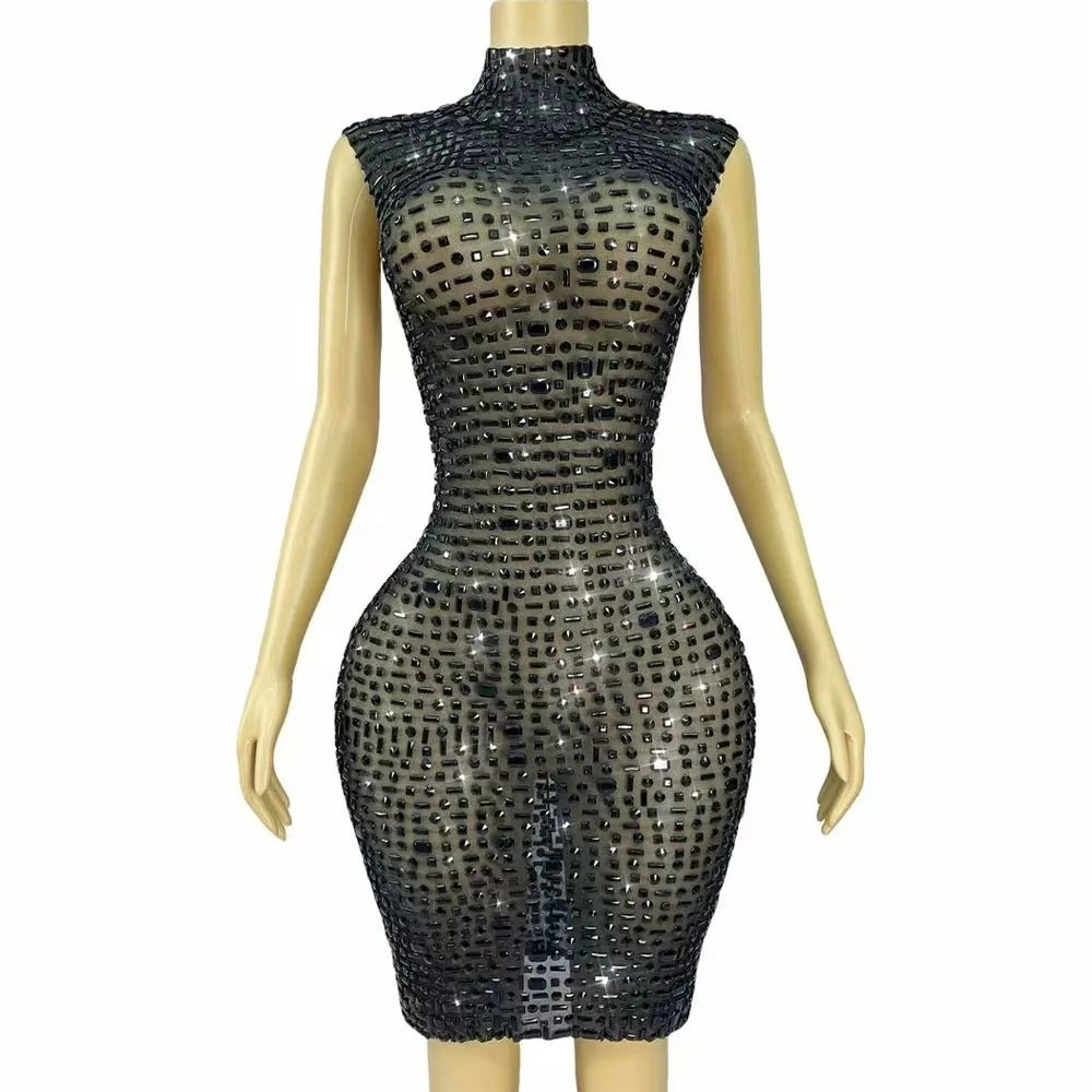 Sexy Shiny Full Black Rhinestones Transparent Mesh Dress Women Birthday Evening Cocktail Party Elegant Outfit Nighclub Costume