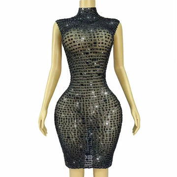 Sexy Shiny Full Black Rhinestones Transparent Mesh Dress Women Birthday Evening Cocktail Party Elegant Outfit Nighclub Costume