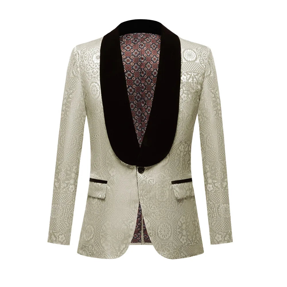 Conjunto de traje de jacquard para hombre, franela verde, cuello de fruta, chaqueta de dos piezas multicolor 