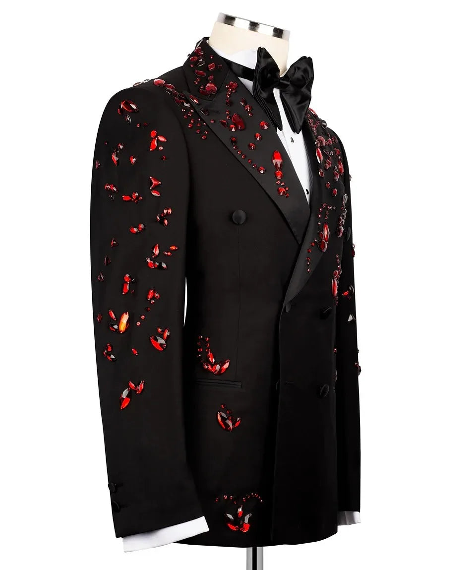 Luxury Man Suits Fit Slim Crystals Beaded Peaked Lapel 2 Pieces Set Party Prom Blazer Customized Double Breasted Jacket Pants