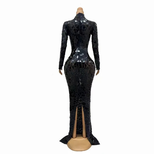 Sexy Stage Luxury Black Mirrors Hollow Waist Stretch Dress Photography Evening Gown Women Prom Birthday Show Collection Gowns