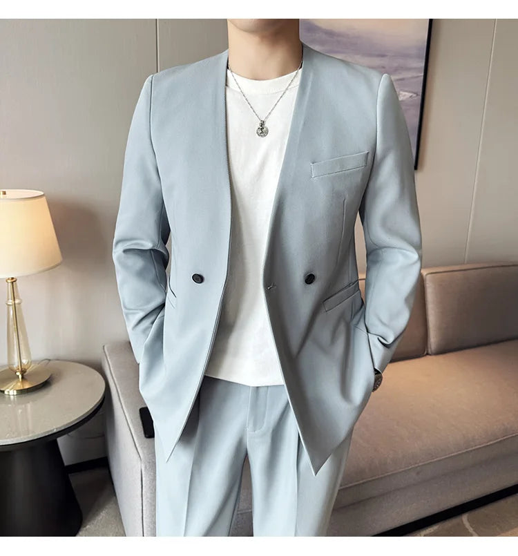 Stylish Men's Suit Coat Collarless V-Neck Solid Wear Style Slim Fit Blazer Jacket Male Black White Blue