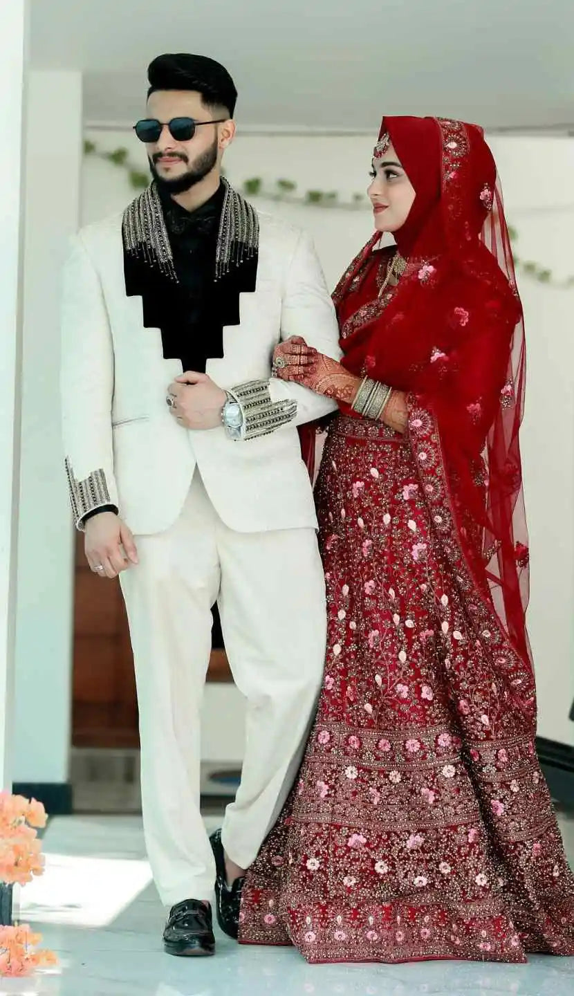 Fashion Wedding Tuxedos Beaded 2 Piece Set Jacket Pants Shawl Lapel Men Suit Formal Trim Fit Party Suits Customized