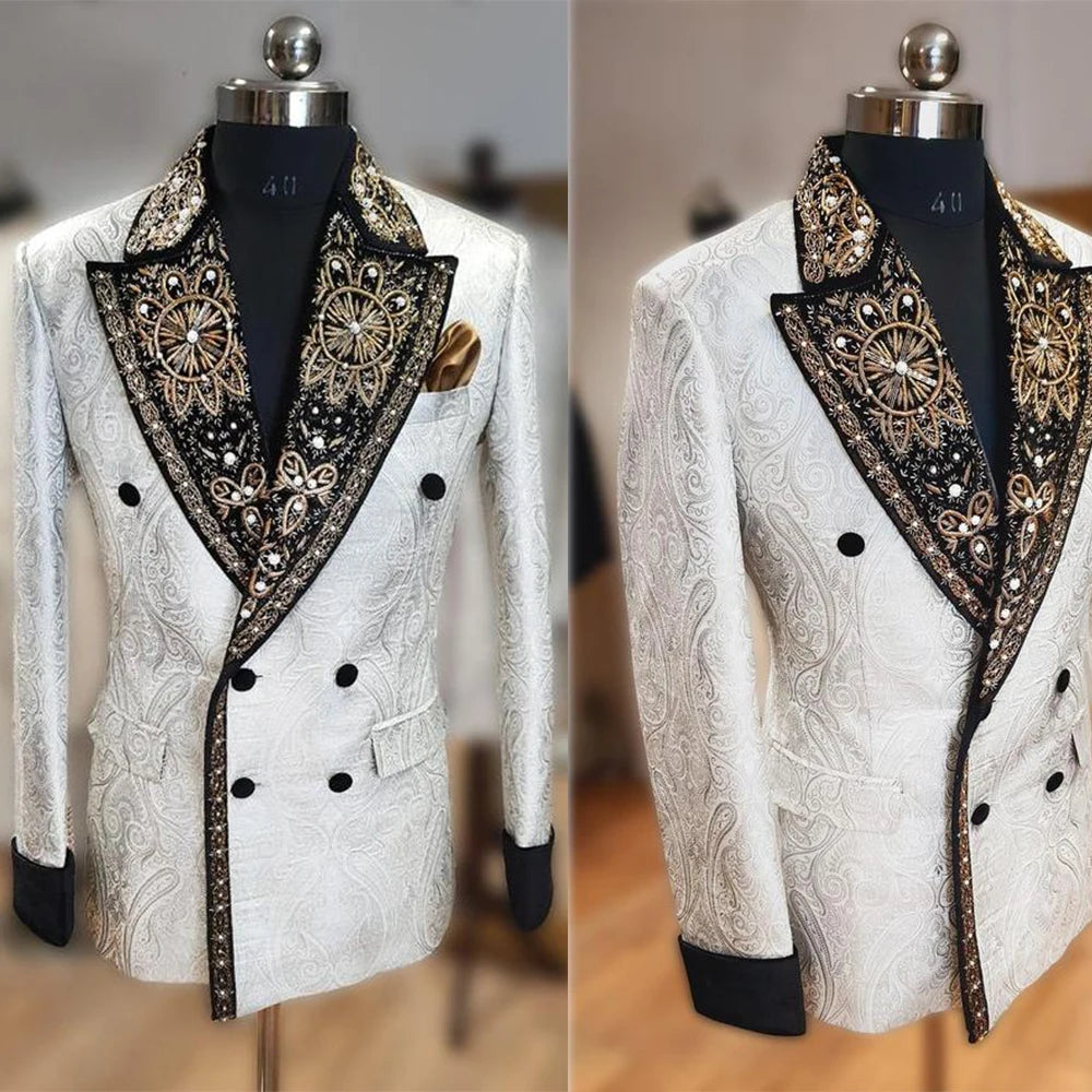 Fashion Appliques Men Suits Jacquard 1 Piece Tailor-Made Jacket Only One Blazer Embroidery Double Breasted Groom Customized Coat