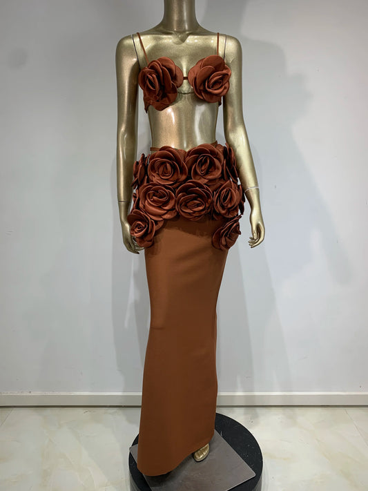 Ensemble jupe longue bandage sexy dos nu et motif floral marron pour femme, tenue de soirée élégante et élégante 